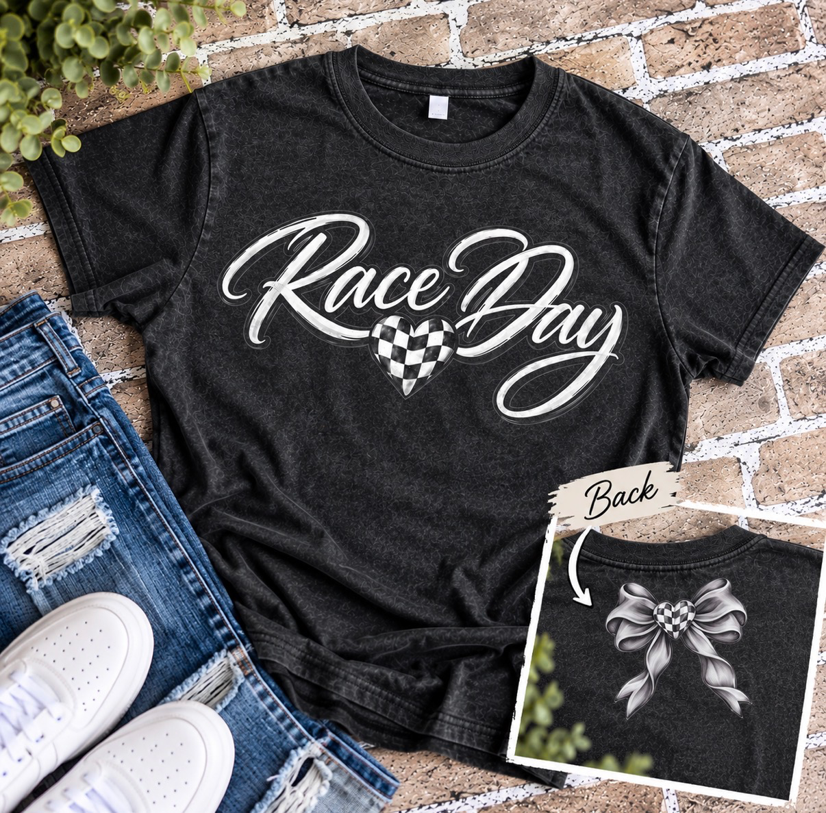 Race Day shirt with checkered heart and bow back design