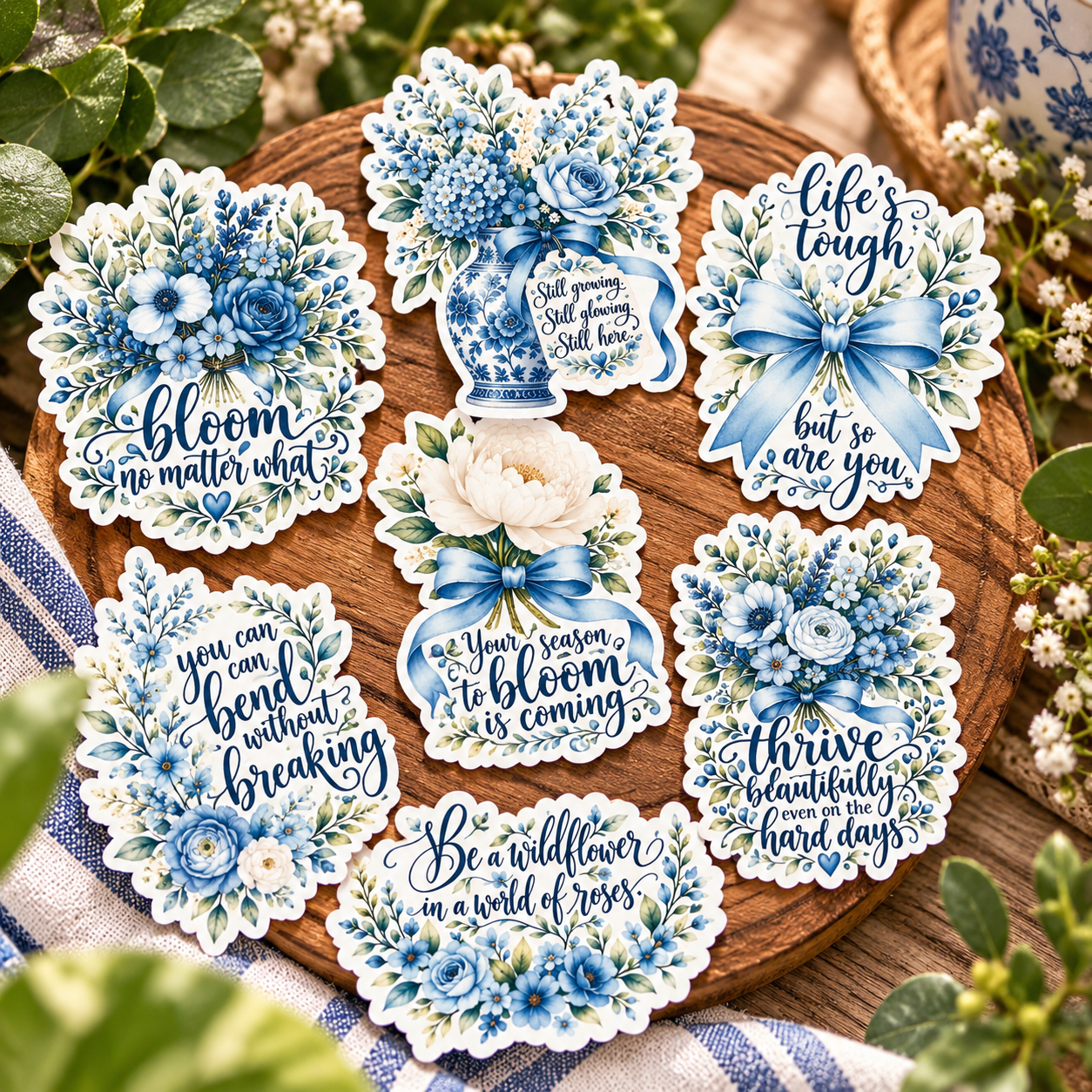 Blue floral motivational sticker collection