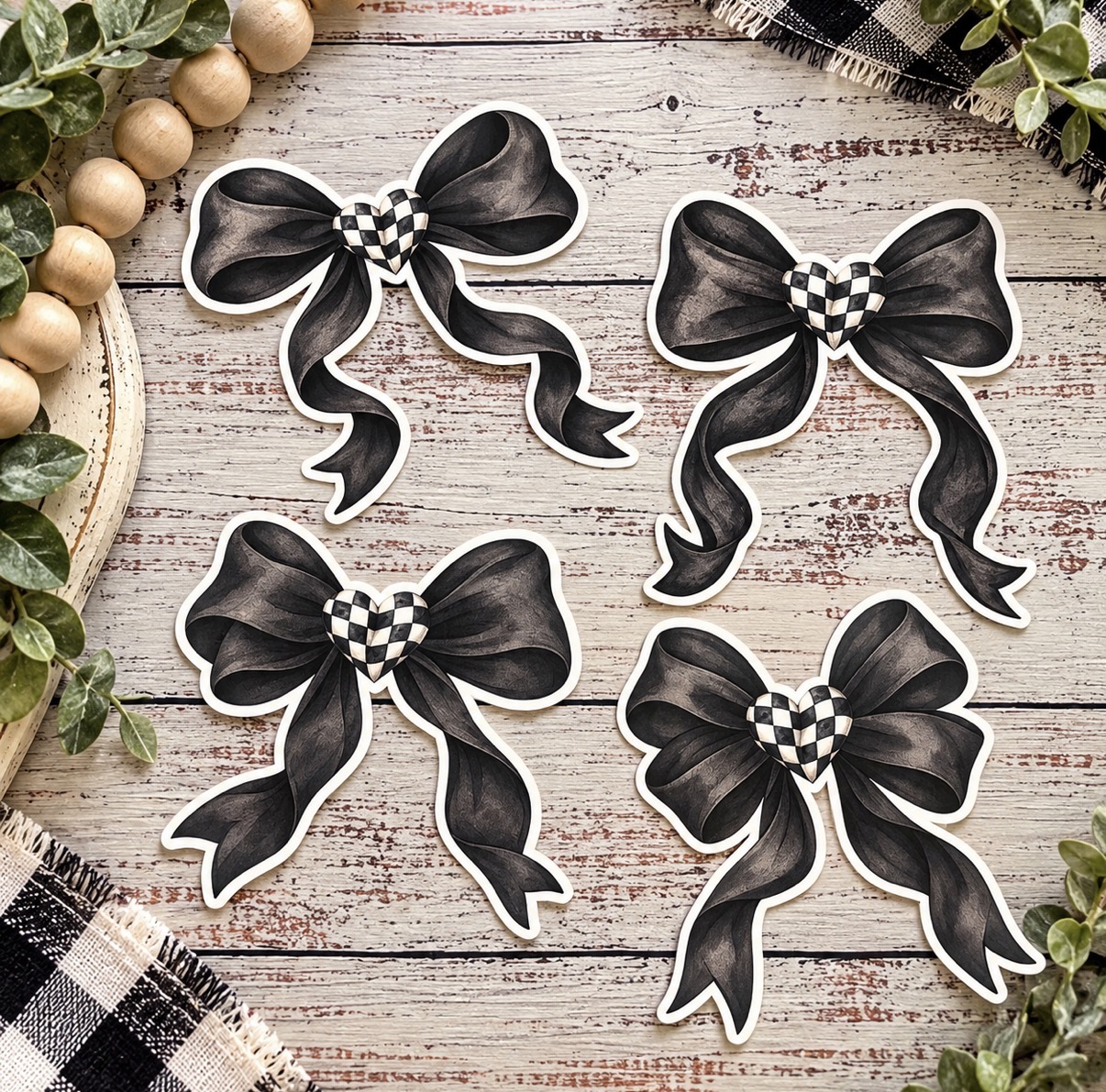Black racing bow stickers with checkered hearts