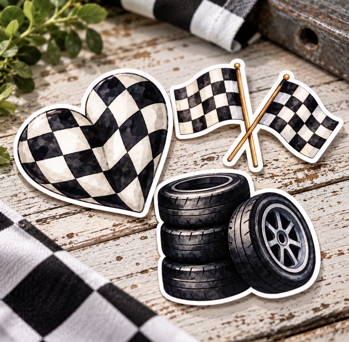 Checkered heart, flags and racing tire stickers