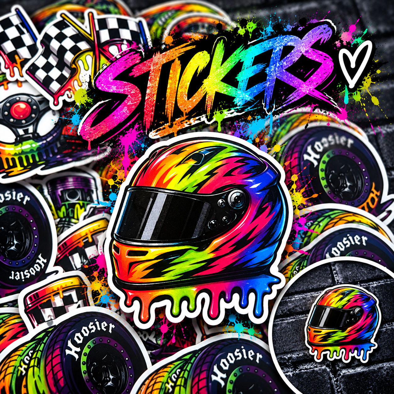Bright neon racing helmet sticker collection